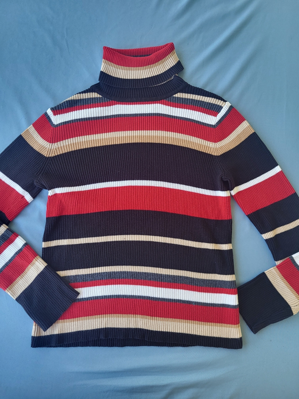Liz Claiborne Striped Turtleneck Sweater - Navy, Red, Cream, White